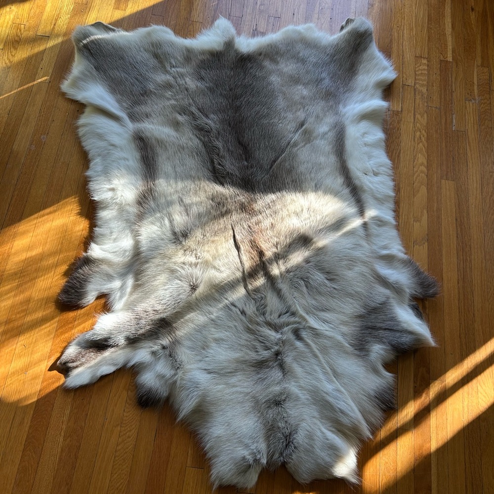 Gently used Luxurious Gray and White Reindeer Fur Rug